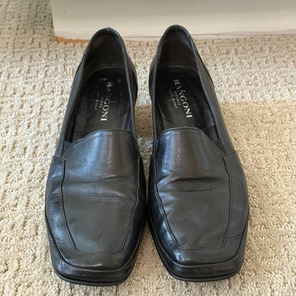 Rangoni Made in Italy Black Leather Square Toe Loafer Block Heel Pumps Sz 10.5B